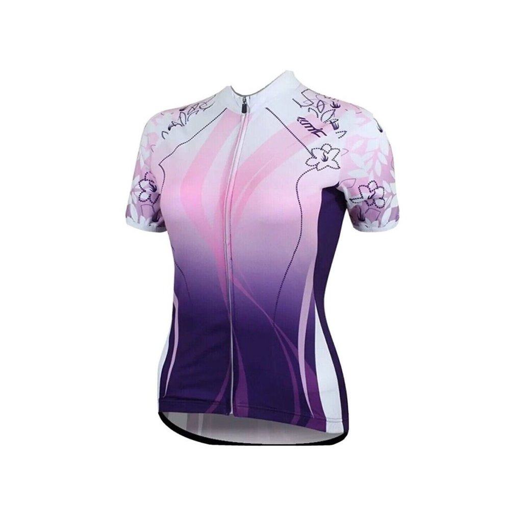 Santon Womens Full Zip Cycling Shirt Back Pockets L Pink Purple Floral EUC